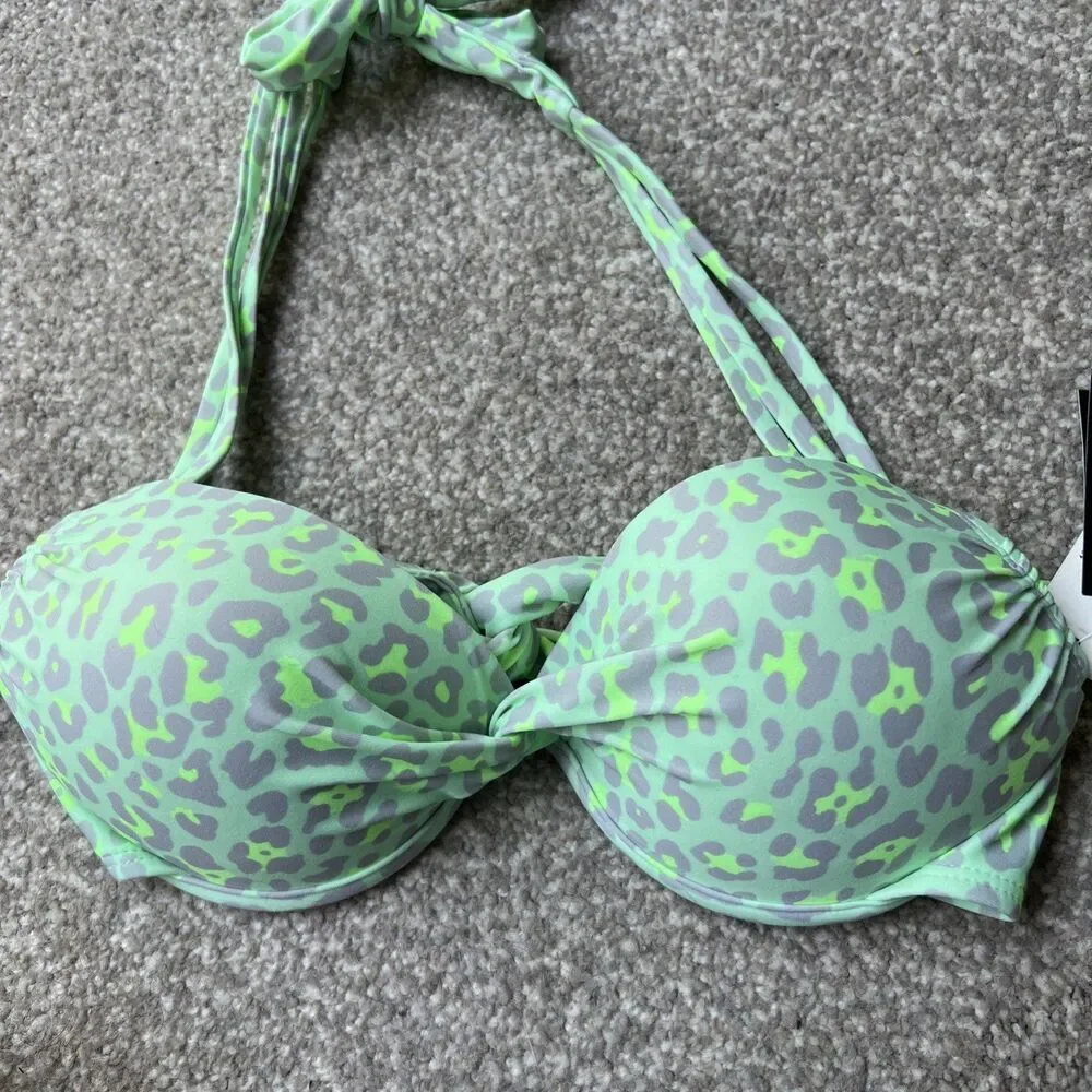 NWT California Waves bikini Juniors' Neon Push-Up Top‎ Green Animal Sz S Small